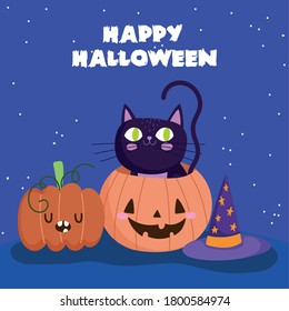 happy halloween, cat in pumpkin hat night stars trick or treat party celebration vector illustration