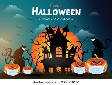 happy Halloween cat and pumpkin wearing face mask. coid-19, coronavirus concept. vector illustration	