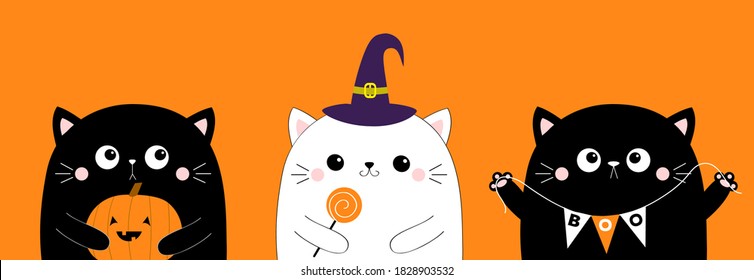 Happy Halloween. Cat set holding pumpkin, sweet candy. Hanging spider insect. Witch hat cap. Boo. Cute kawaii cartoon character. Baby pet animal. Flat design. Orange background. Vector illustration