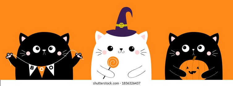 Happy Halloween. Cat set holding sweet candy, pumpkin, bunting flag Boo. Witch hat cap. Cute kawaii cartoon character. Baby pet animal. Flat design. Orange background. Vector illustration