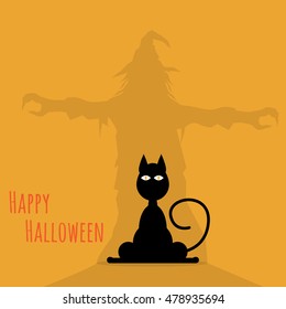 happy halloween cat with shadow of witch vector illustration
