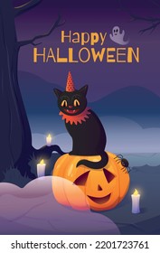 Happy Halloween. The cat sits on a pumpkin at night near the candles. Vector illustration