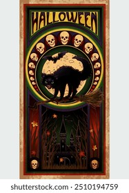 Happy Halloween cat vip card in art nouveau style, vector illustration