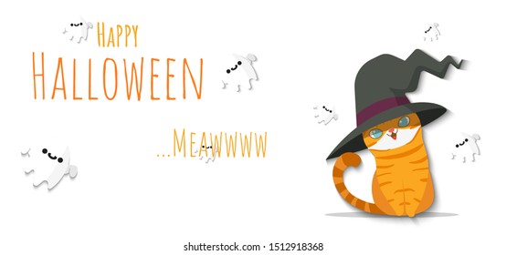 Happy Halloween. Cat wearing halloween witch hat costumed and flying ghosts spirit around. Cute cartoon character. Vector illustration.