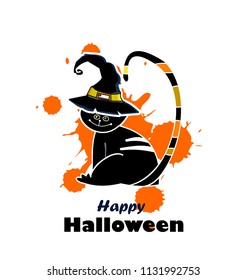 happy halloween. cat in witch hat. card
