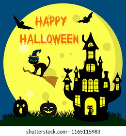 Happy Halloween. A Halloween cat in a witch hat flies on a broomstick against the full moon at night. Witch Castle, two Halloween pumpkins, volatile vampires and stars. Vector, flat style, cartoon.
