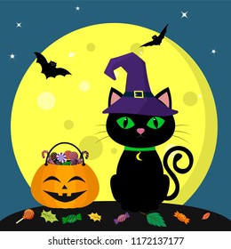 Happy Halloween. A Halloween cat in a witch hat sits next to a pumpkin filled with sweets. Full moon at night. Flying vampires and stars. Vector, flat style, cartoon.