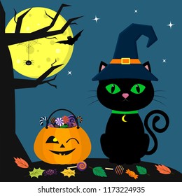 Happy Halloween. A Halloween cat in a witch hat sits next to a pumpkin filled with sweets. A tree, a spider, a full moon at night. Flying vampires and stars. Vector, flat style, cartoon.