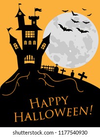 Happy Halloween. A Halloween cat in a witch hat flies on a broomstick against the full moon at night. Witch Castle, two Halloween pumpkins, volatile vampires and stars. Vector, flat style, cartoon.