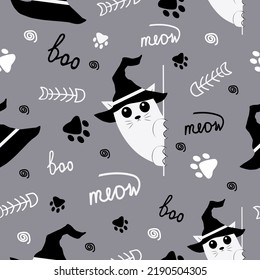 Happy Halloween, cat in witch hat, Halloween party. Doodle hand drawn elements for Halloween. Seamless pattern