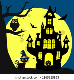 Happy Halloween. The Halloween cat in the witch s hat sits next to the witchs house. A tree, an owl, flying vampires, a spider, stars and a full moon at night. Vector, flat style, cartoon.