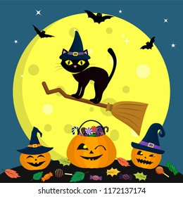 Happy Halloween. The cat in a witch s hat flies on a broomstick, against a full moon at night. Three pumpkins of Halloween with hats, sweets and leaves, volatile vampires and stars . Vector,