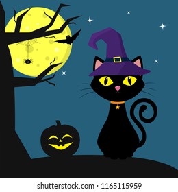 Happy Halloween. The Halloween cat witch-hat sits next to the pumpkin. A tree, a spider, a full moon at night. Flying vampires and stars. Vector, flat style, cartoon.