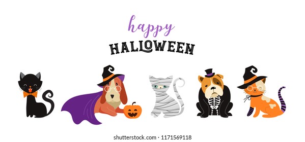 Happy Halloween - cats and dogs in monsters costumes, Halloween party. Vector illustration, banner
