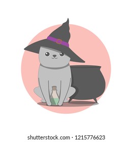 Happy Halloween cats in monsters costumes on pink background.