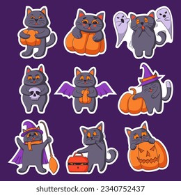 Happy halloween - cats sticker.Set cute black cartoon cats.Creepy black cats. Autumn stickers with scary.Cat with a pumpkin, in costumes.Cat in the witch hat.Character cartoon cat scared of ghosts.