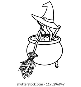 happy halloween cauldron with broom