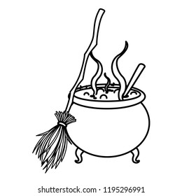 happy halloween cauldron with broom