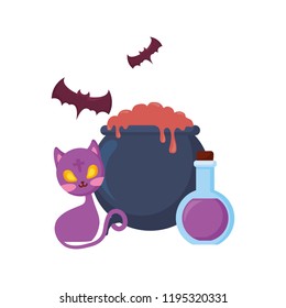 happy halloween cauldron with cat and bats