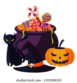 happy halloween cauldron with cat and candies