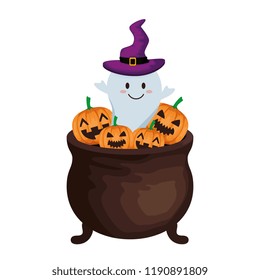 happy halloween cauldron with ghost