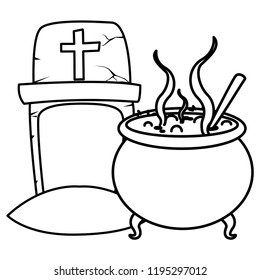 happy halloween cauldron with gravestone