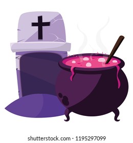happy halloween cauldron with gravestone