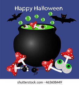 Happy Halloween . A cauldron of potion. A witch's cauldron vector illustration. Ingredients for witch's potion