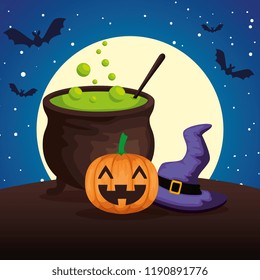 happy halloween cauldron with pumpkin and witch hat