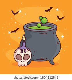 happy halloween, cauldron with skull and candle vector illustration design