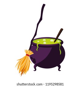 happy halloween cauldron with witch broom