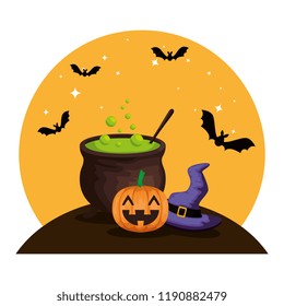 happy halloween cauldron with witch hat