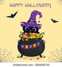 Happy Halloween. Cauldron of witches with different sweets. Black cat in a witch hat, bats, spider, cobweb. Vector illustration.