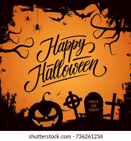 Happy Halloween celebrate card with hand lettering text design and traditional holiday spooky symbols. Vector illustration.
