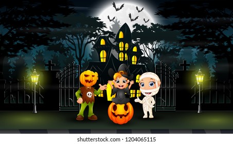 Happy halloween celebrate in front of the hounted house