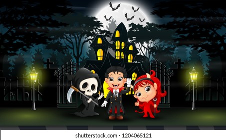 Happy halloween celebrate in front of the hounted house