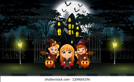 Happy halloween celebrate in front of the hounted house