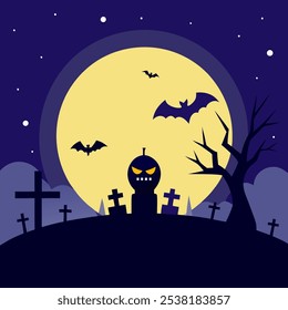 Feliz Halloween celebre el tema en el fondo de la escena nocturna con luna llena, murciélago y cementerio, Ilustración vectorial