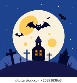 Happy Halloween celebrate theme on night scene background with a full moon,bat and graveyard,vector illustration