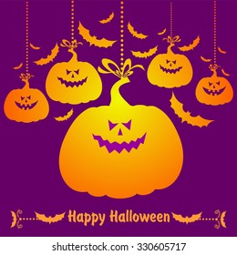Happy Halloween!  Celebration background with bat, pumpkin and place for your text. Vector illustration 