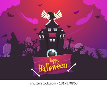 Happy Halloween Celebration Background with Cross Skeleton Hands, Silhouette Grim Reaper and Haunted House.