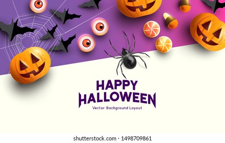 Happy halloween celebration background with Jack O Lantern pumpkins and spooky decorations. Vector illustration