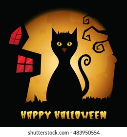 Happy Halloween celebration background with silhouette of scary cat, creepy castle and dead tree.