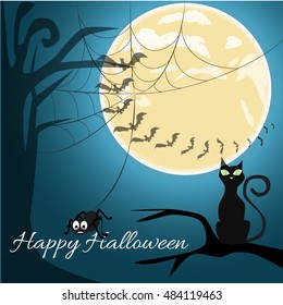 Happy Halloween celebration background with silhouette of scary cat, creepy castle and dead tree.