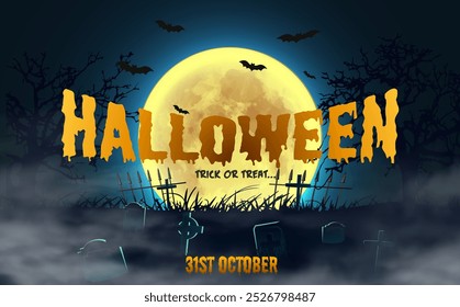 Frohes Halloween-Feier-Banner. Einladung, Verkauf, Rabattflieger mit Vollmond, Fledermäusen und gruseligen Gräbern herum.