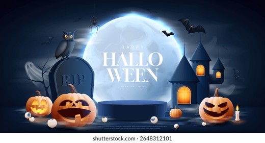 Happy Halloween celebration banner. Vector background with smiling pumpkins, flying ghosts and bats, bright moon, candle, pupils, podium. Cute Halloween card for branding, ads, social media, sale.