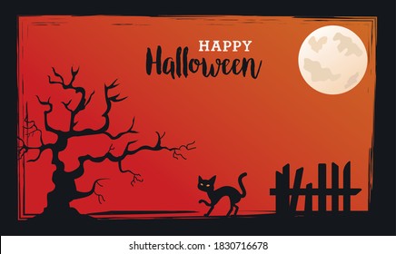 happy halloween celebration with black cat and fence scene vector illustration design