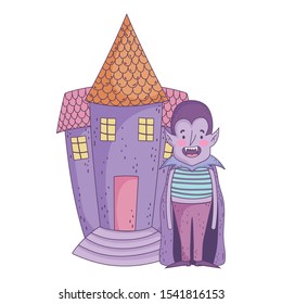 happy halloween celebration boy dracula with cape costume and castle vector illustration