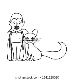 happy halloween celebration boy dracula and cat vector illustration line style
