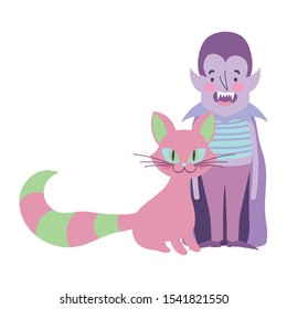 happy halloween celebration boy dracula and pink cat vector illustration